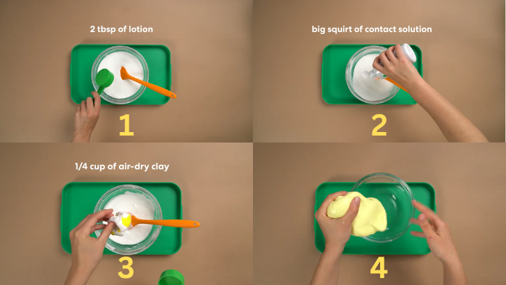 2 tbsp lotion, 1/4 cup liquid starch, stir, mix until slime forms, knead until stretchy