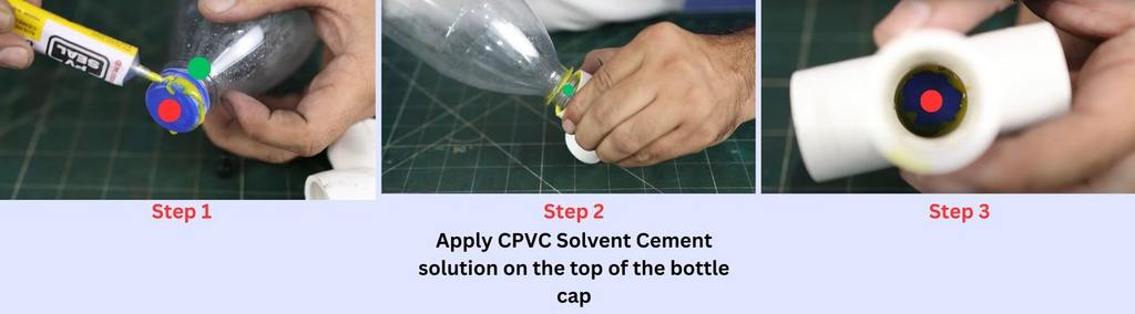 Applying CPVC cement to bottle cap and PVC joint.