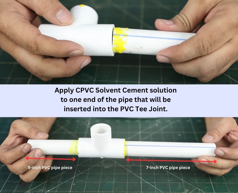 Connecting cut PVC pipe pieces with Tee Joints.