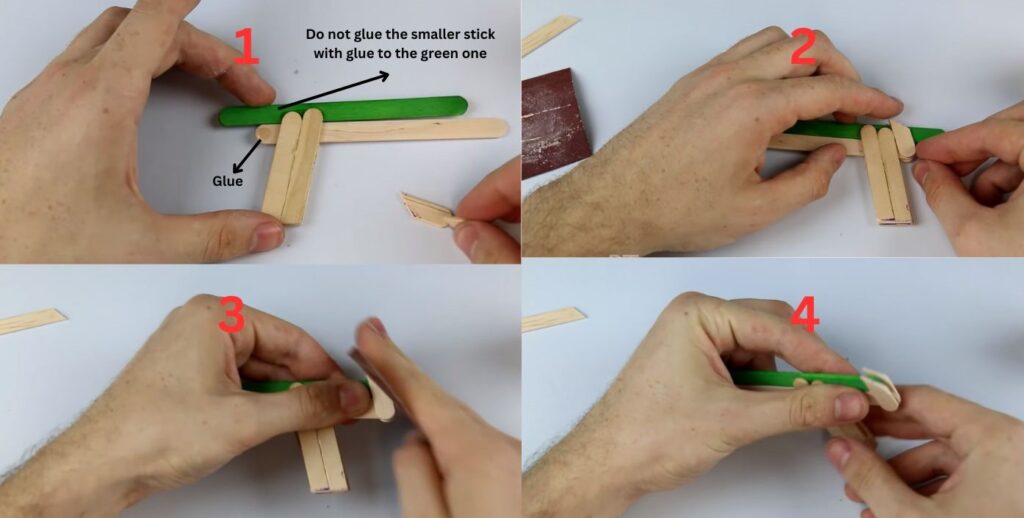 Glue the two equal-sized ice cream stick pieces on either side of the glued sticks 