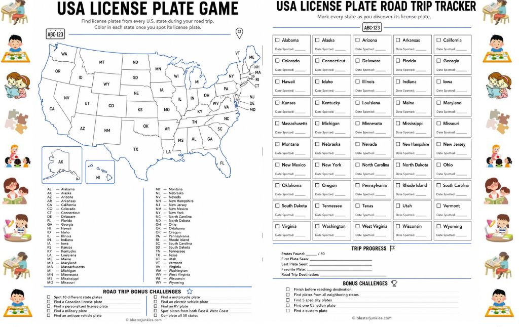 License Plate Game Printable: The Free All 50 States Road Trip Challenge for Kids