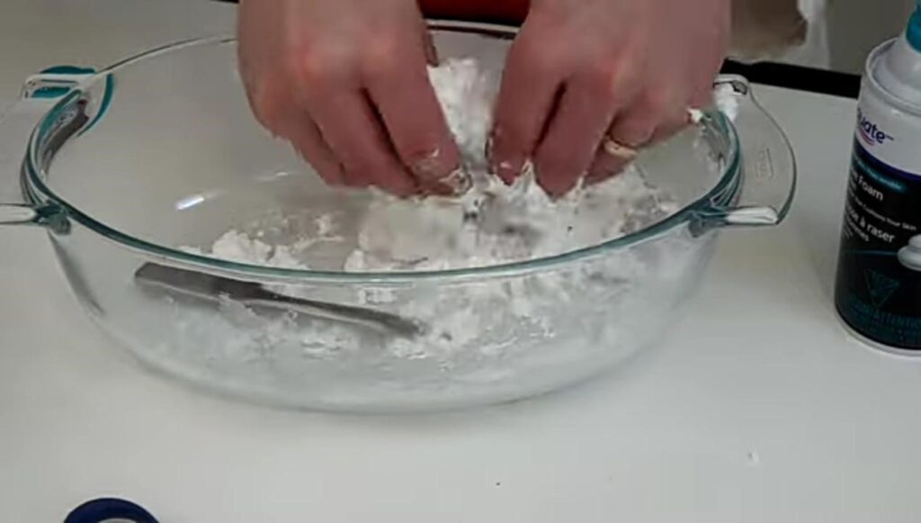 Mix Baking Soda And Shaving Cream in a bowl thoroughly with your hands