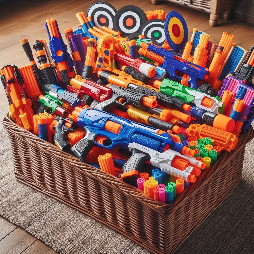 Nerf Guns Stored in Large Basket