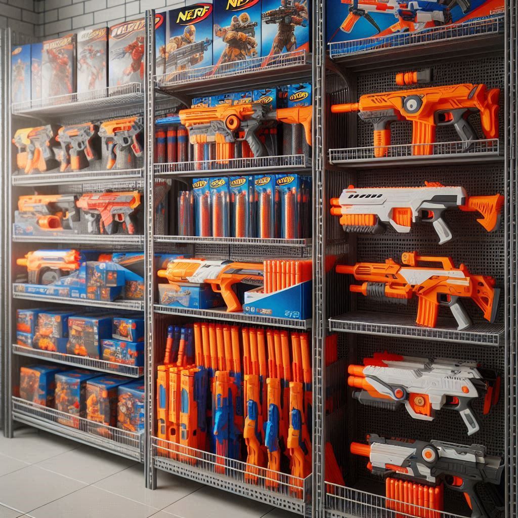 Nerf Guns Stored in Wire Rack