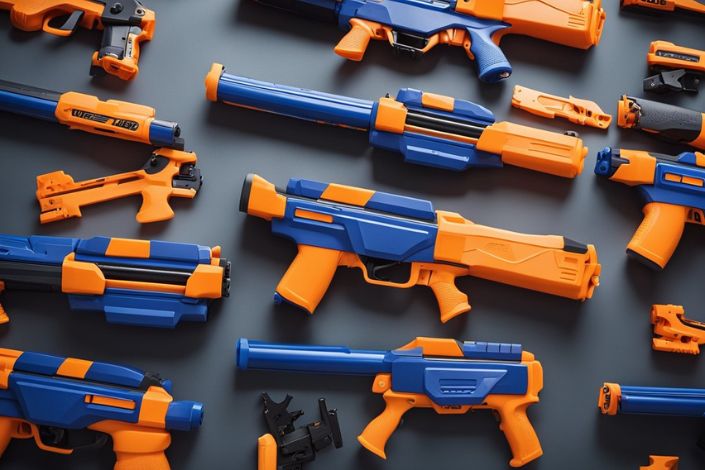 Nerf Guns are systematically hung on the wall