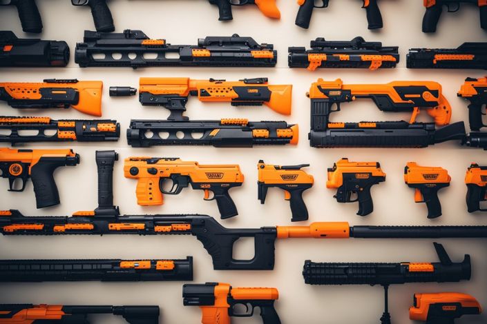 Nerf guns of all kinds are hanging on the wall