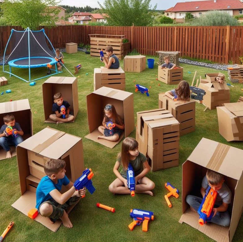 Obstacles made of cardboard boxes for Nerf war
