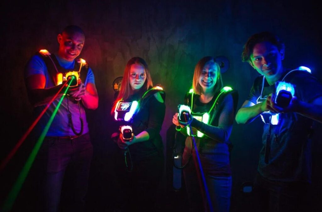 Players wearing dark clothes in laser tag games 