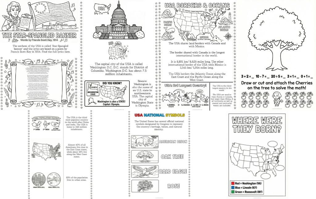 7 Free Printable USA & Presidents’ Day Awareness Worksheets for Kids (Geography, History & Math)