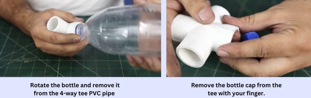 Removing bottle and cap from cooled PVC joint.