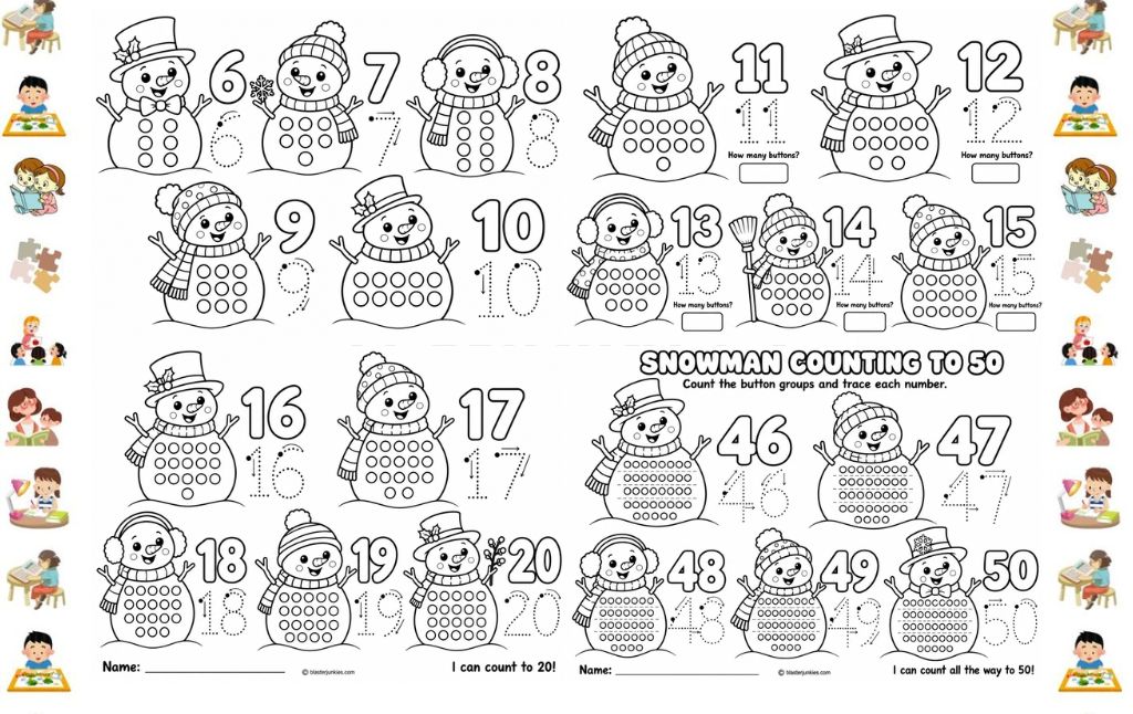 Snowman Math Button Counting Worksheet: 10 Free Printable Pages for Counting to 50