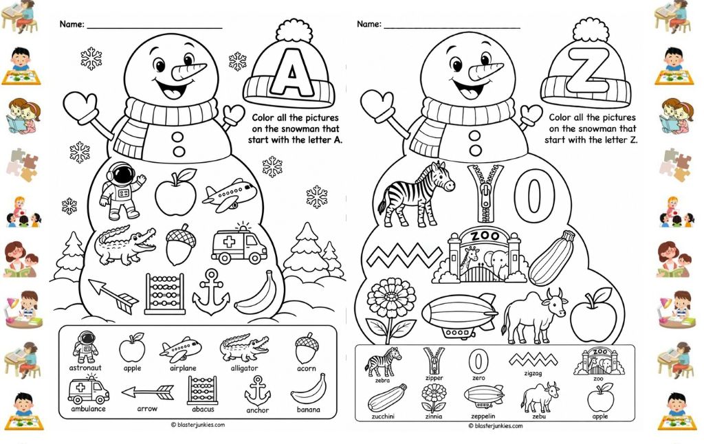 Snowman Winter Initial Sound Activities Preschool: 26 Free Printable Coloring Pages