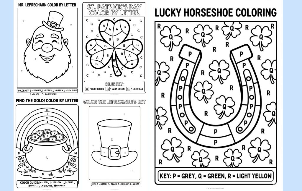 5 Free Printable St. Patrick’s Day Color by Letter Worksheets (A4 PDF)