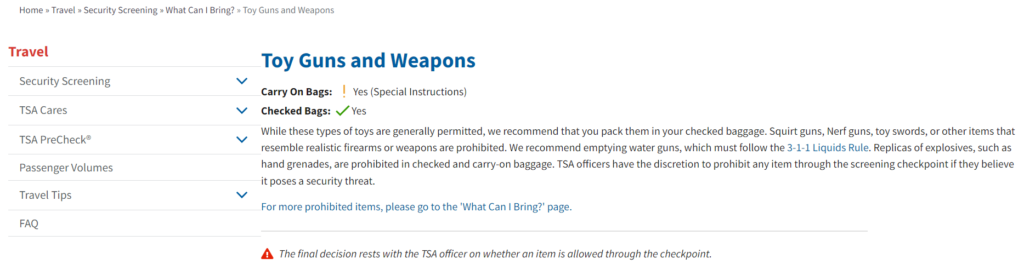 TSA Rules for Toy Guns and Weapons
