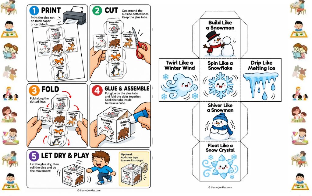 Winter Movement Dice For Kids: 10 Free Printable Dice